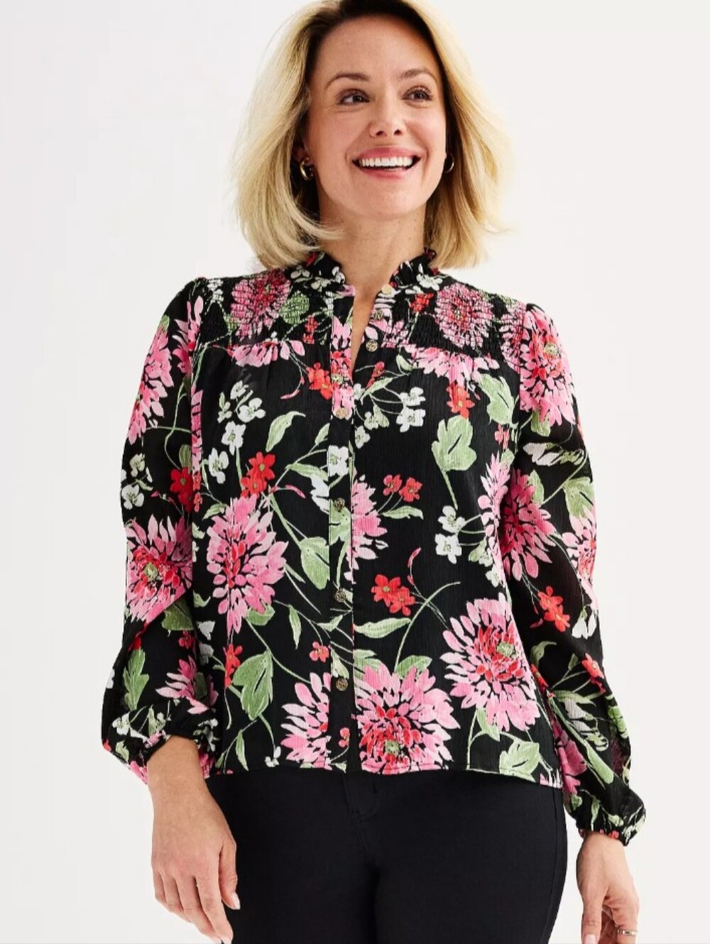 Draper James Long Sleeve Smocked Button-Up Floral Print Top Black Size L